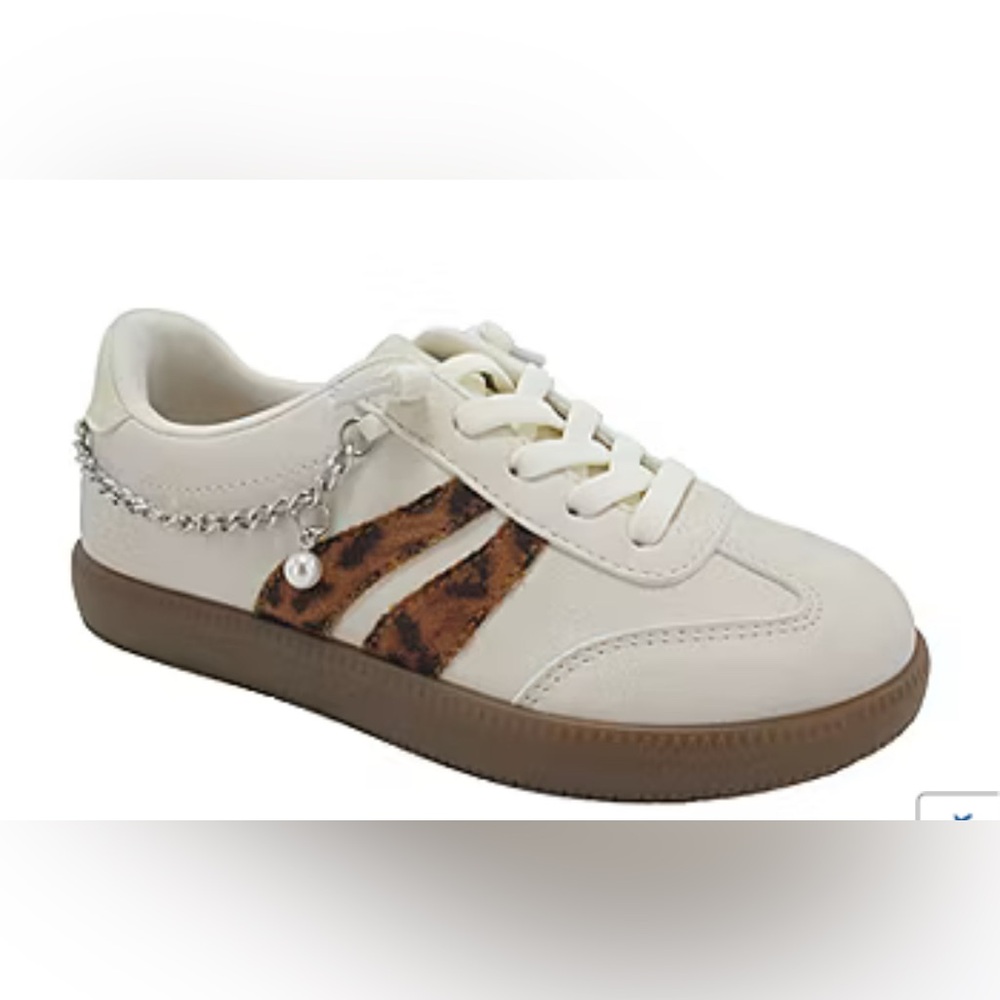 White and Brown leopard Sneaker with Chain Detail new without tag